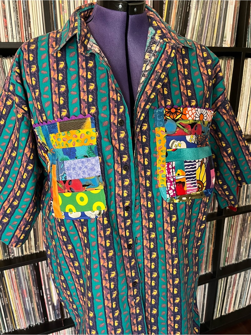 PARTYTIME shirt cotton XL patchwork pockets upcycled PHISH Tour fishman 🍩 ♻️🌀